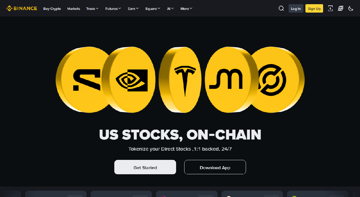 币安 bStocks 产品介绍页面，标题写着美股上链、1:1 背书、24/7 交易