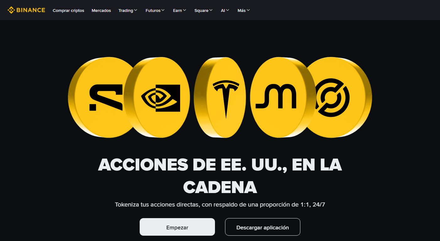 Página oficial de bStocks en español, con el titular acciones de Estados Unidos en la cadena y la mención de respaldo 1:1 y operativa 24/7
